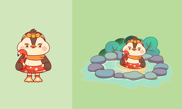 卡通鸭子秋沙鸭泡温泉游泳矢量插画