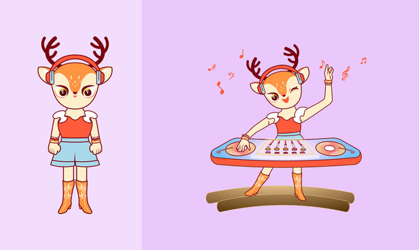 卡通小鹿DJ音乐打碟梅花鹿矢量插画