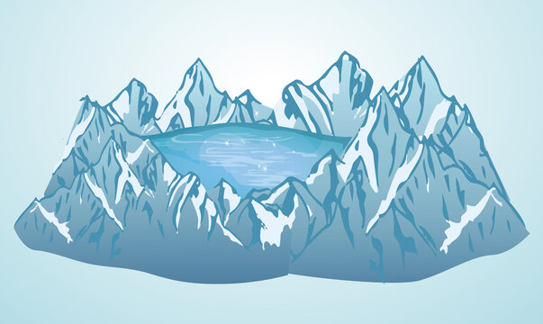 天池雪山湖水高山风光矢量插画