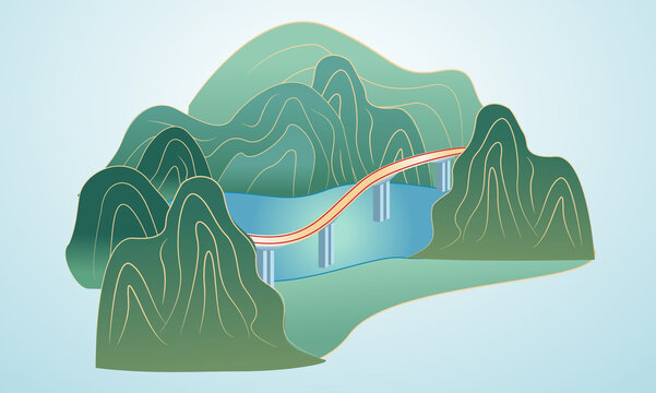 高山中的跨水大桥矢量插画