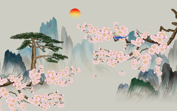 国潮迎客松山水花鸟