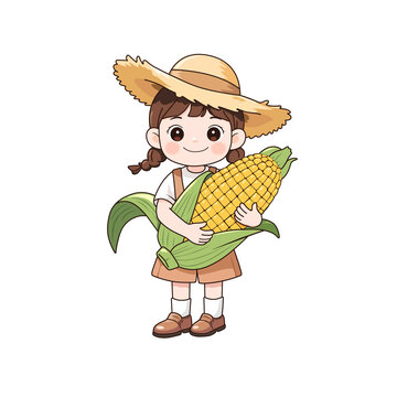 抱着玉米的卡通小女孩