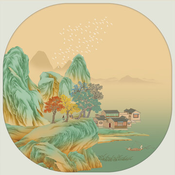 山水镜心手绘