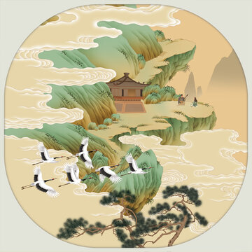 山水镜心手绘