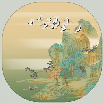 手绘山水图宫扇