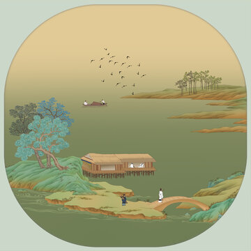 手绘山水图宫扇