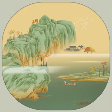 手绘山水图宫扇