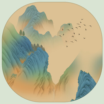 手绘山水图宫扇