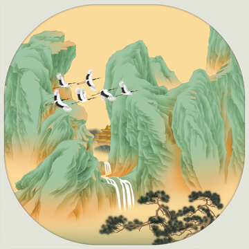 手绘山水图宫扇