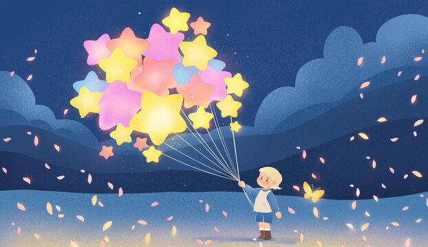夜空下的快乐男孩与气球