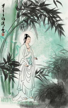 水墨竹子与观音立像