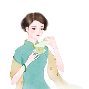 喝茶的旗袍美人