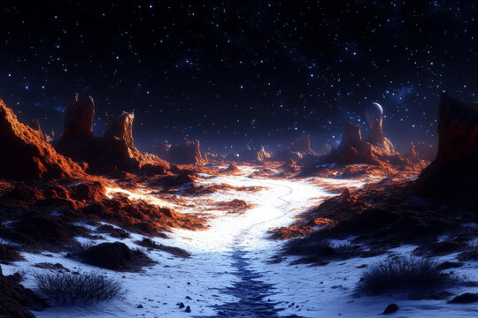 星夜下的外星行星景观