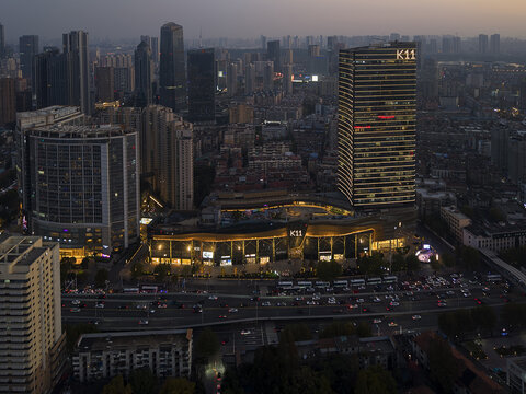 武汉新世界K11航拍城市建筑风光夜景