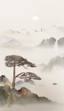 迎客松水墨山水画
