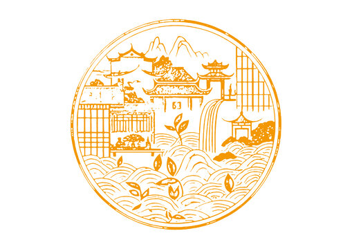 福鼎城市地标古建筑插图版画素描底纹矢量图