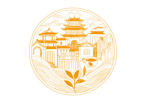 福鼎城市地标古建筑插图版画素描底纹矢量图