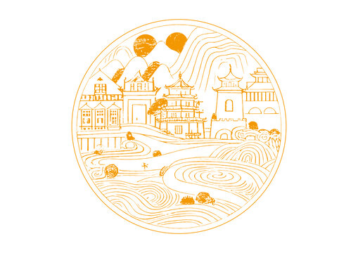 福鼎城市地标古建筑插图版画素描底纹矢量图