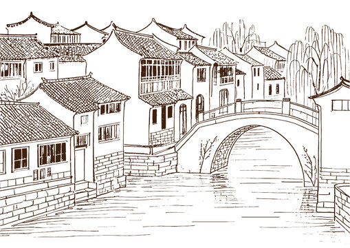 江南水乡古镇建筑底纹素描版画线稿图矢量图
