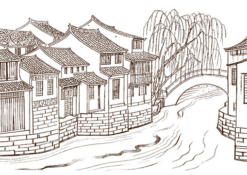 江南水乡古镇建筑底纹素描版画线稿图矢量图