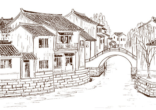 江南水乡古镇建筑底纹素描版画线稿图矢量图