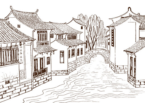 江南水乡古镇建筑底纹素描版画线稿图矢量图