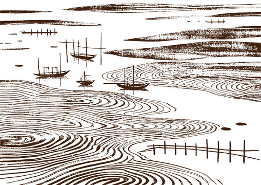 海上滩涂风光插图版画素描底纹包装矢量图