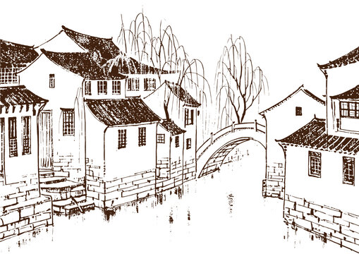 江南水乡古民居建筑底纹素描版画线稿矢量图
