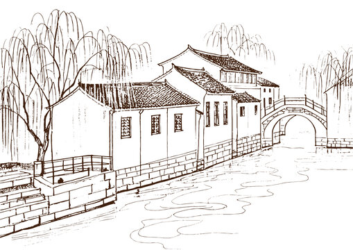 江南水乡古民居建筑底纹素描版画线稿矢量图