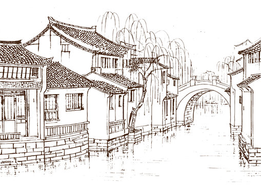 江南水乡古民居建筑底纹素描版画线稿矢量图