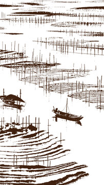 海上滩涂风光插图版画素描底纹包装矢量图
