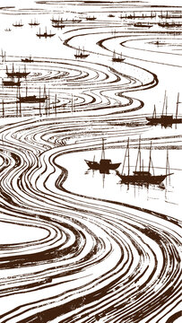 海上滩涂风光插图版画素描底纹包装矢量图