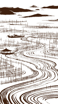 海上滩涂风光插图版画素描底纹包装矢量图