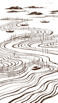 海上滩涂风光插图版画素描底纹包装矢量图