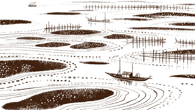 海上滩涂风光插图版画素描底纹包装矢量图