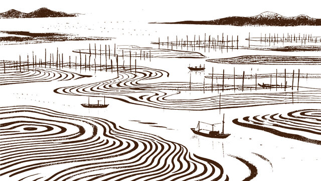 海上滩涂风光插图版画素描底纹包装矢量图