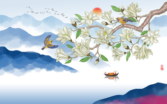 玉兰花山水画
