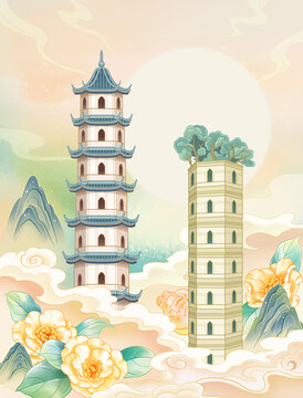 温州地标古建筑江心双塔插画