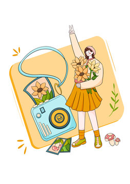 女孩拍照扁平插画