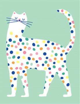 绿色背景下的彩色圆点猫插画设计