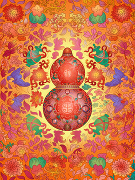 花团锦簇富贵葫芦保平安祝福插画
