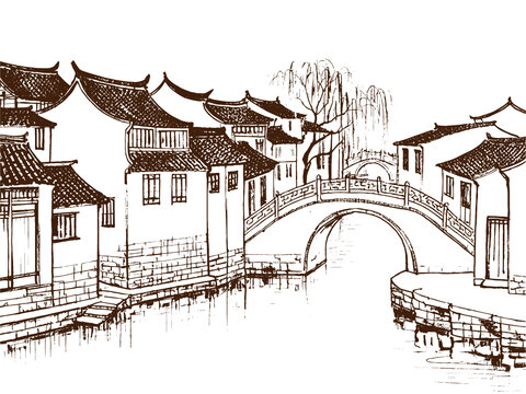 江南水乡古镇建筑底纹素描版画线稿图矢量图