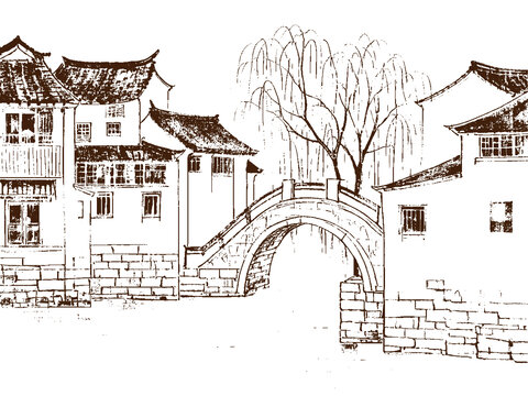 江南水乡古镇建筑底纹素描版画线稿图矢量图