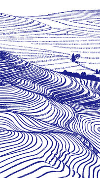 梯田背景素描线稿版画包装设计底纹矢量图