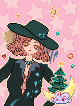 复古美女小兔树爱心星星插画海报