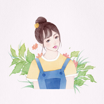 手绘小清新鲜花女孩