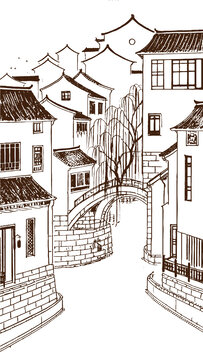 江南水乡古民居建筑底纹素描版画线稿矢量图