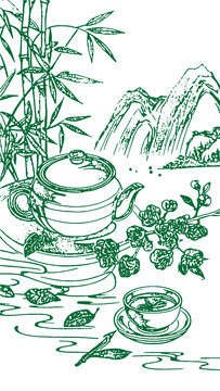 中国风茶元素素描线稿包装设计底纹矢量图