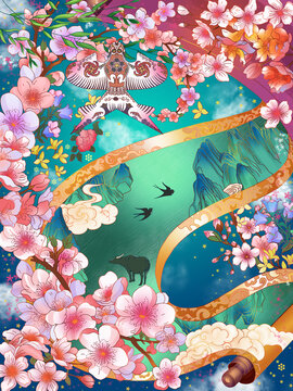 春花春分节气自然风景插画