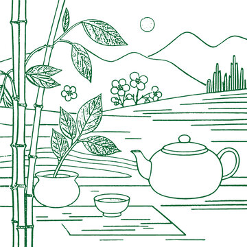 中国风茶元素素描线稿包装设计底纹矢量图